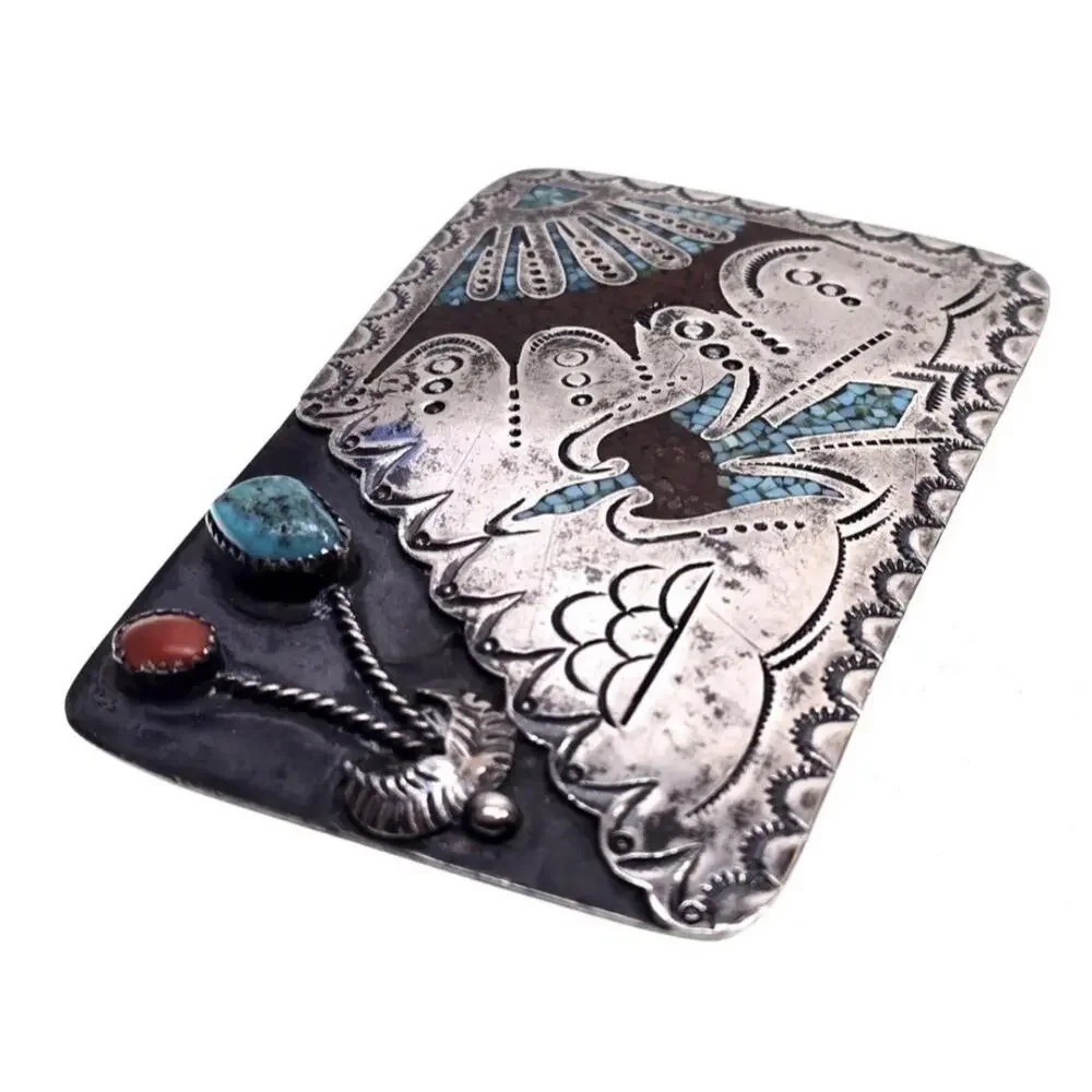 VINTAGE Navajo Sterling Silver Peyote Bird Belt Buckle TA Signed Turquoise Coral - Picture 3 of 6
